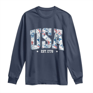 Floral USA Long Sleeve Shirt Est 1776 Patriotic American Girl 4th of July TS10 Navy Print Your Wear