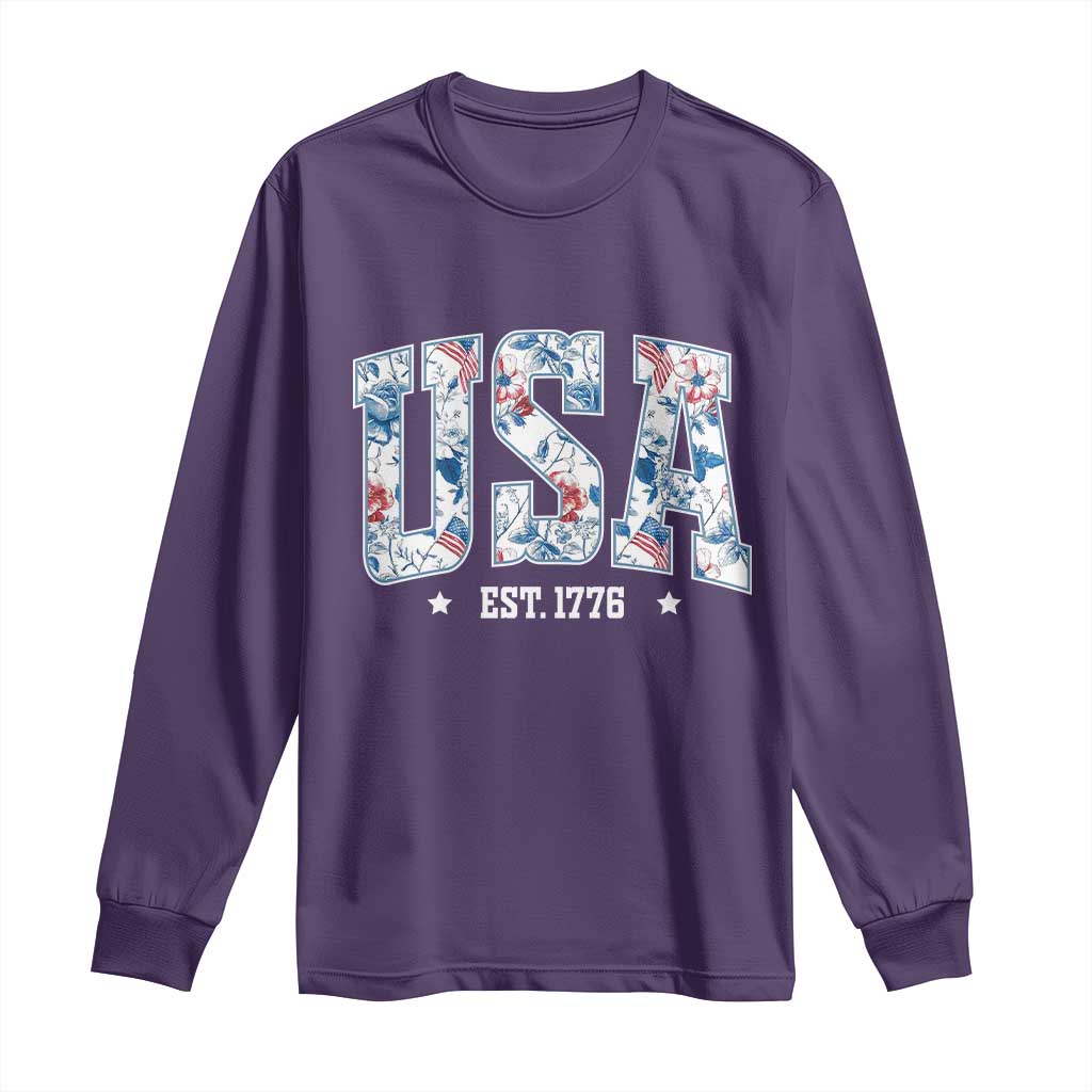 Floral USA Long Sleeve Shirt Est 1776 Patriotic American Girl 4th of July TS10 Purple Print Your Wear