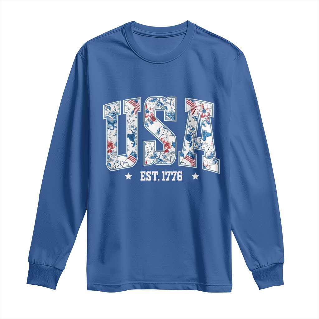 Floral USA Long Sleeve Shirt Est 1776 Patriotic American Girl 4th of July TS10 Royal Blue Print Your Wear