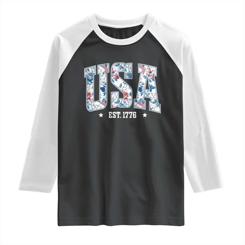 Floral USA Raglan Shirt Est 1776 Patriotic American Girl 4th of July TS10 Black White Print Your Wear