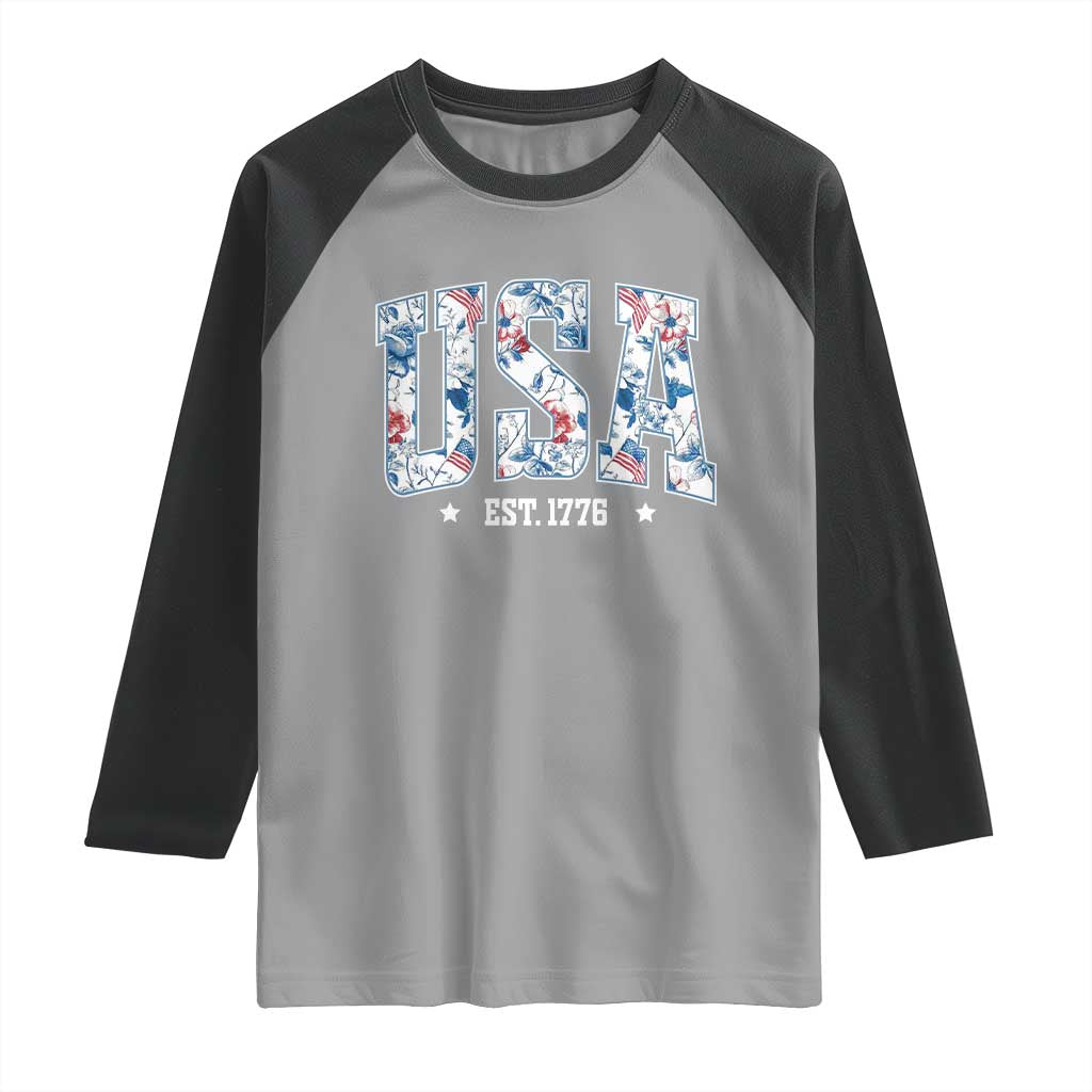 Floral USA Raglan Shirt Est 1776 Patriotic American Girl 4th of July TS10 Sport Gray Black Print Your Wear