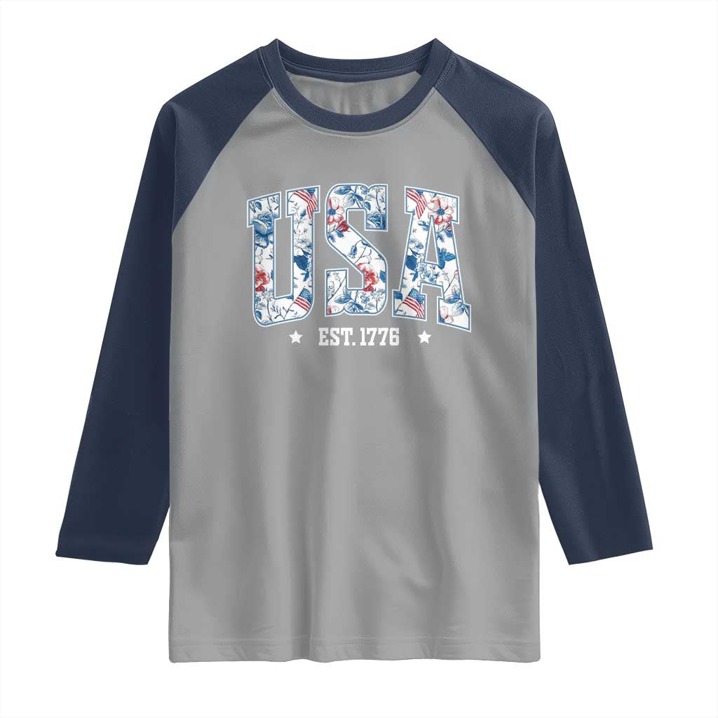 Floral USA Raglan Shirt Est 1776 Patriotic American Girl 4th of July TS10 Sport Gray Navy Print Your Wear