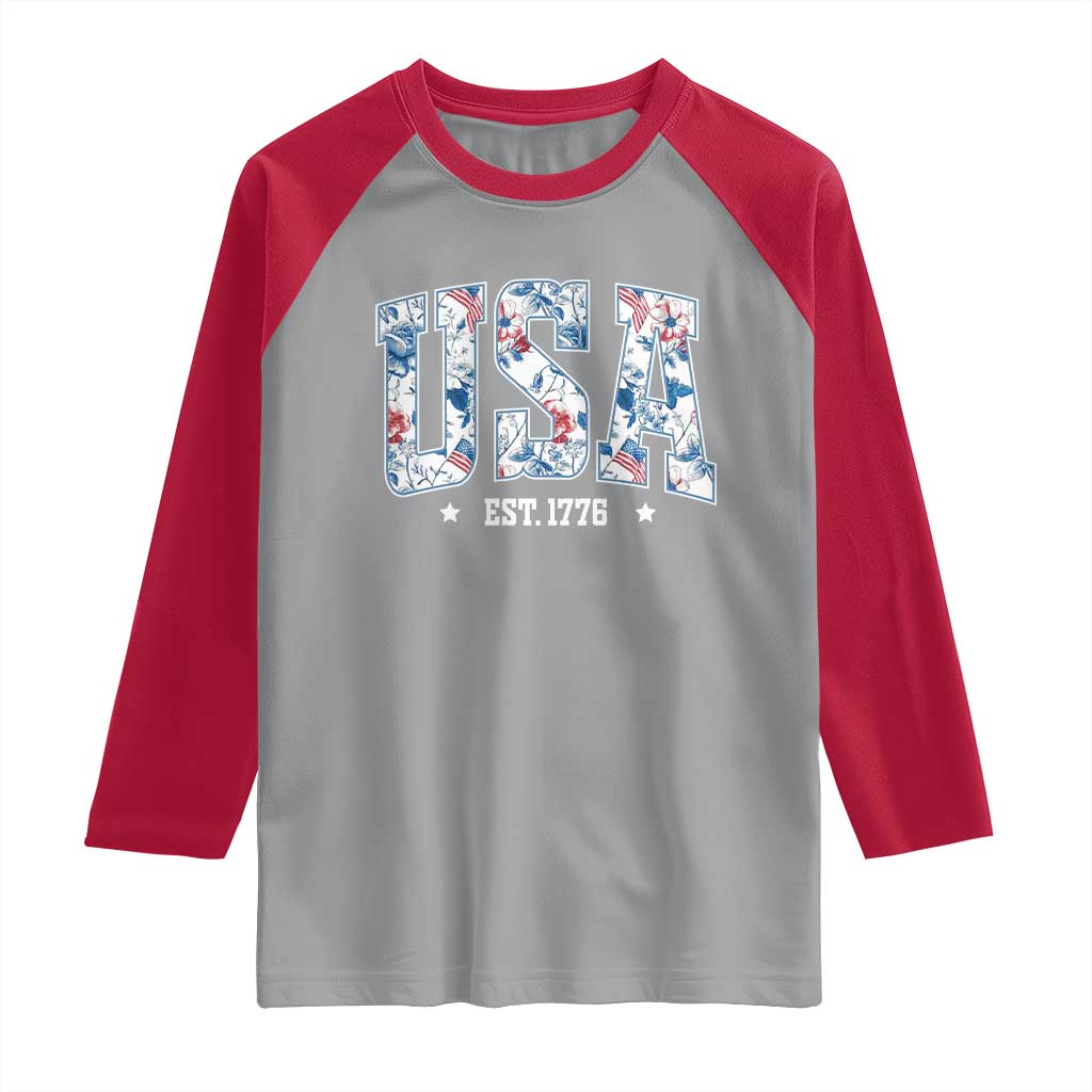 Floral USA Raglan Shirt Est 1776 Patriotic American Girl 4th of July TS10 Sport Gray Red Print Your Wear