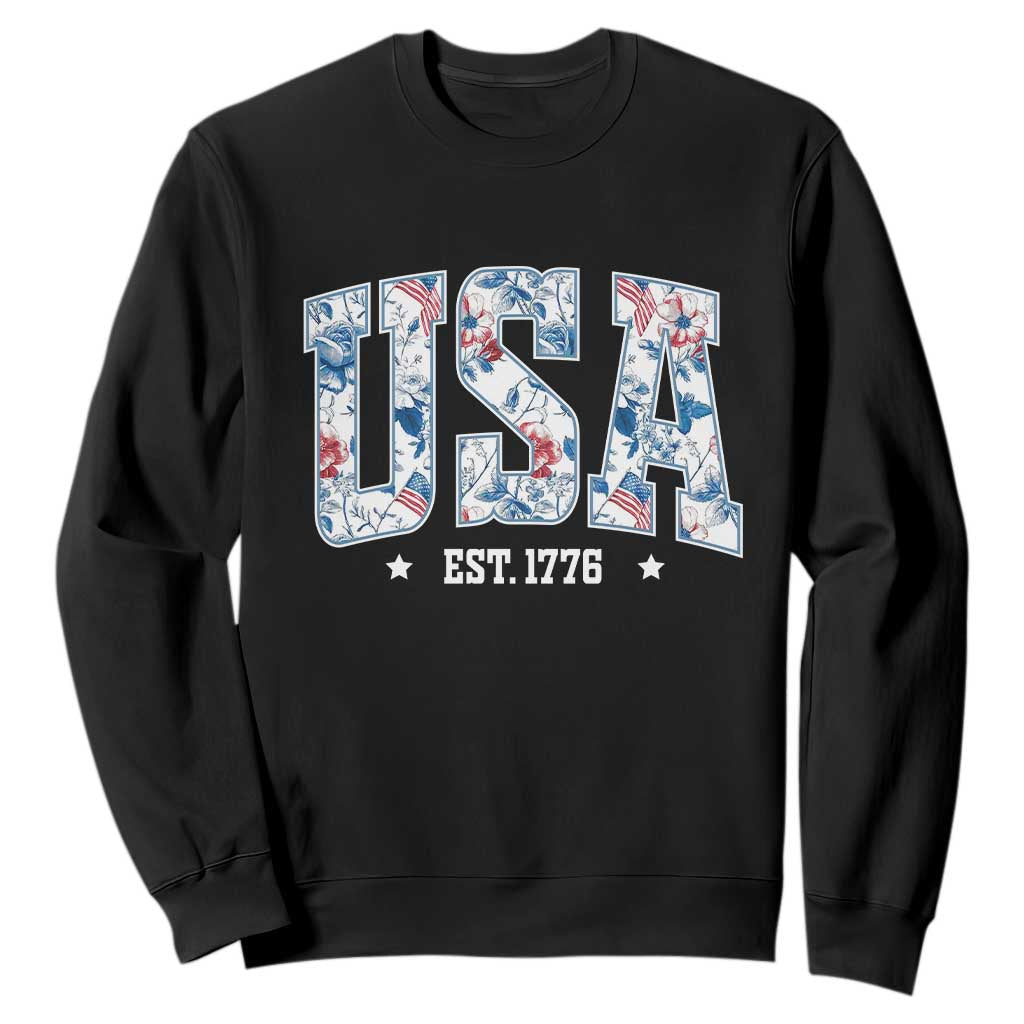 Floral USA Sweatshirt Est 1776 Patriotic American Girl 4th of July TS10 Black Print Your Wear
