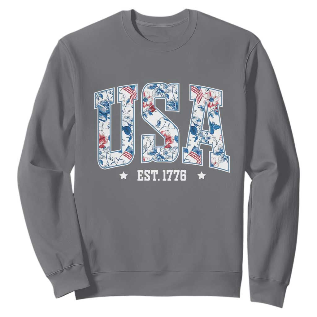 Floral USA Sweatshirt Est 1776 Patriotic American Girl 4th of July TS10 Charcoal Print Your Wear