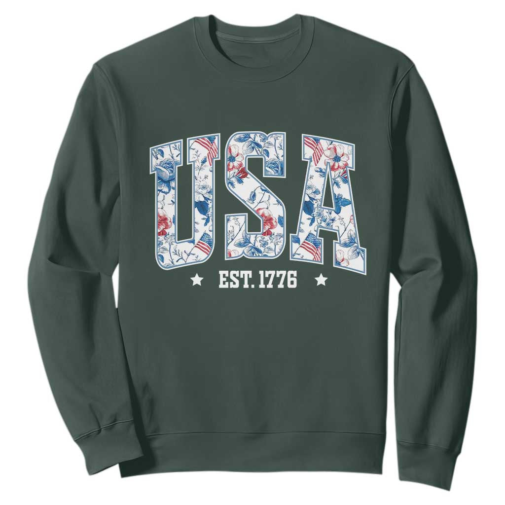 Floral USA Sweatshirt Est 1776 Patriotic American Girl 4th of July TS10 Dark Forest Green Print Your Wear