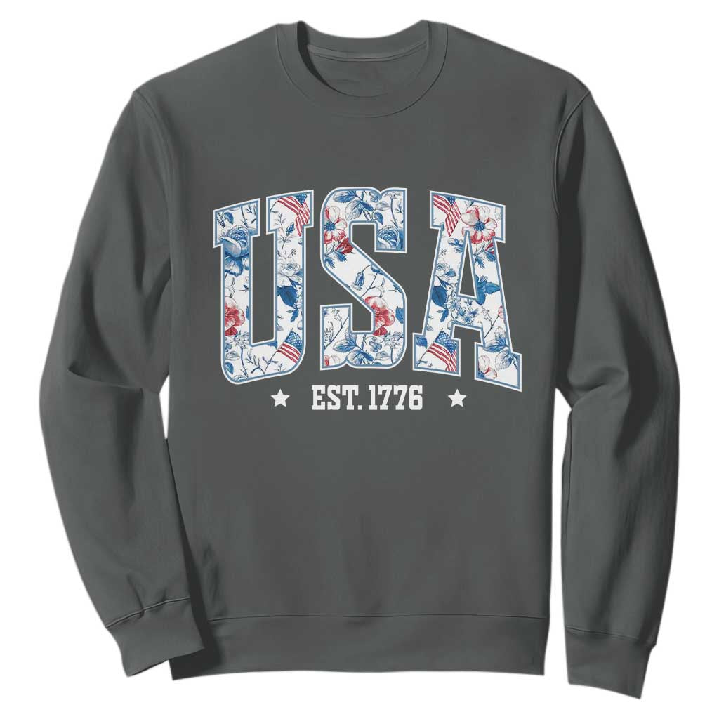 Floral USA Sweatshirt Est 1776 Patriotic American Girl 4th of July TS10 Dark Heather Print Your Wear