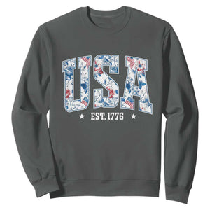 Floral USA Sweatshirt Est 1776 Patriotic American Girl 4th of July TS10 Dark Heather Print Your Wear