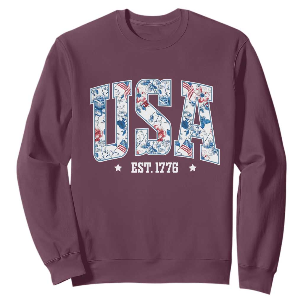 Floral USA Sweatshirt Est 1776 Patriotic American Girl 4th of July TS10 Maroon Print Your Wear
