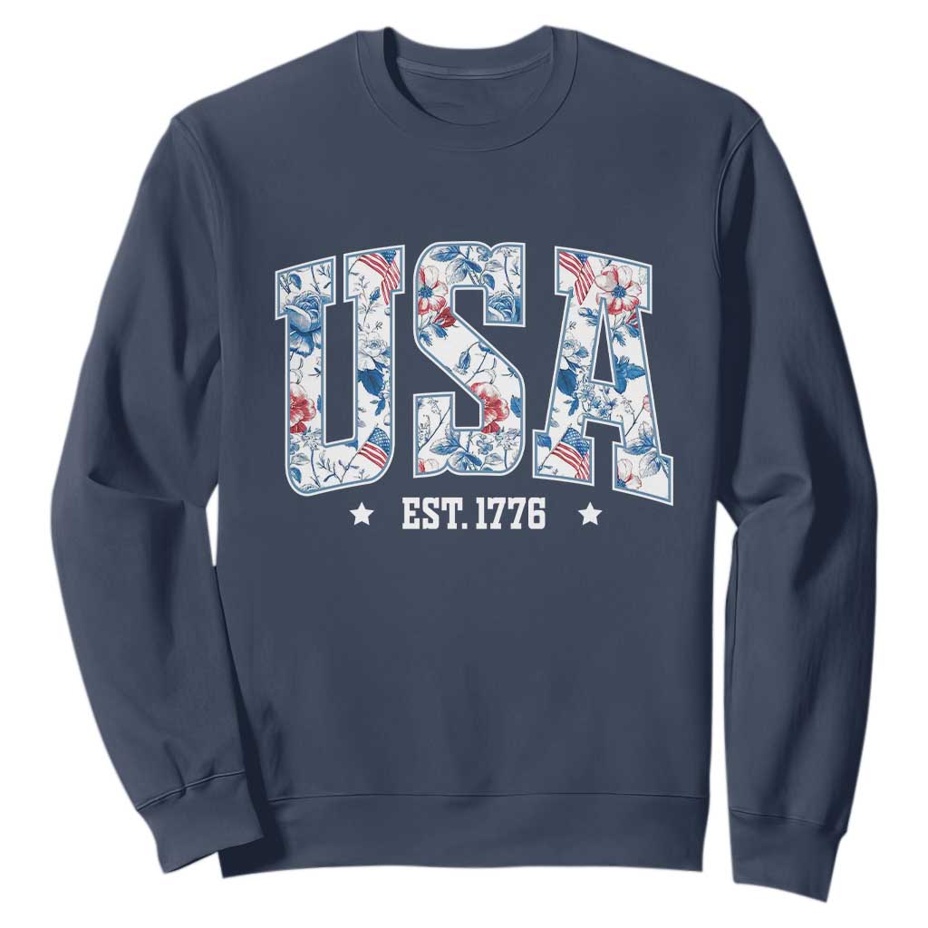 Floral USA Sweatshirt Est 1776 Patriotic American Girl 4th of July TS10 Navy Print Your Wear