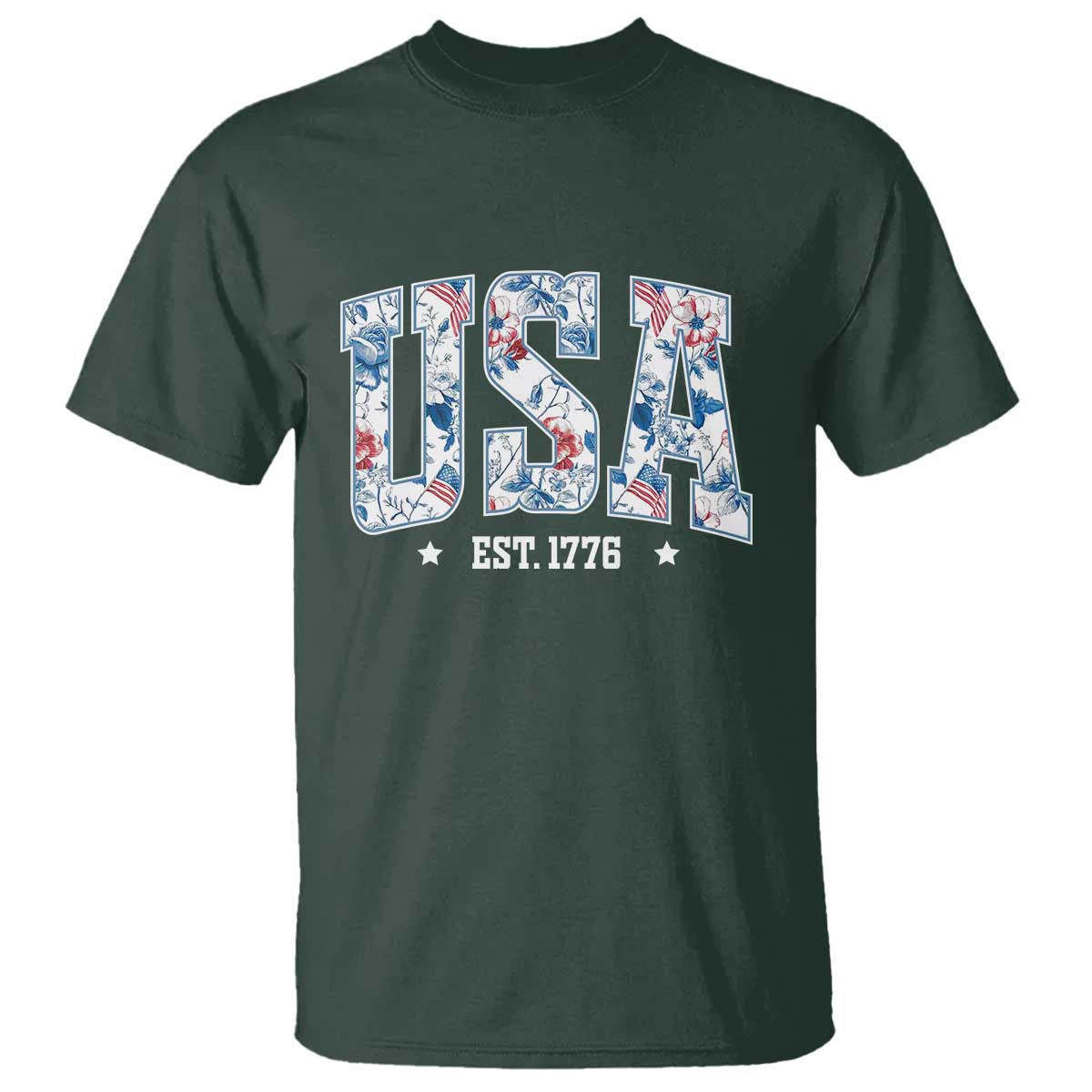 Floral USA T Shirt Est 1776 Patriotic American Girl 4th of July TS10 Dark Forest Green Print Your Wear