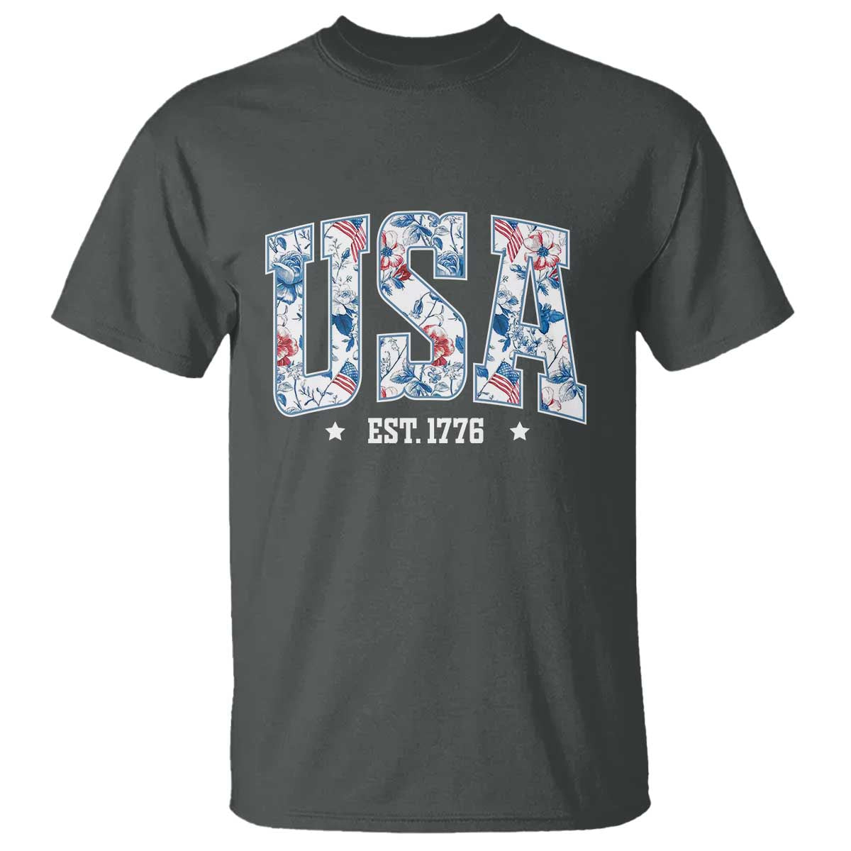 Floral USA T Shirt Est 1776 Patriotic American Girl 4th of July TS10 Dark Heather Print Your Wear