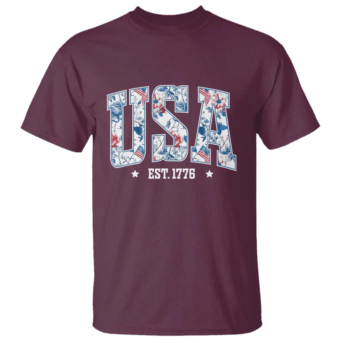 Floral USA T Shirt Est 1776 Patriotic American Girl 4th of July TS10 Maroon Print Your Wear