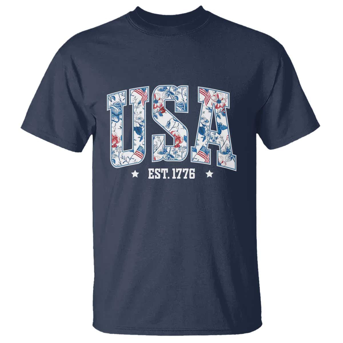 Floral USA T Shirt Est 1776 Patriotic American Girl 4th of July TS10 Navy Print Your Wear