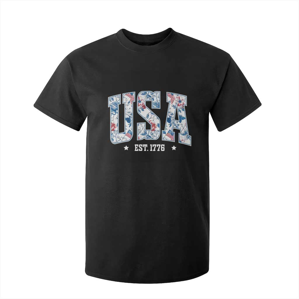 Floral USA T Shirt For Kid Est 1776 Patriotic American Girl 4th of July TS10 Black Print Your Wear