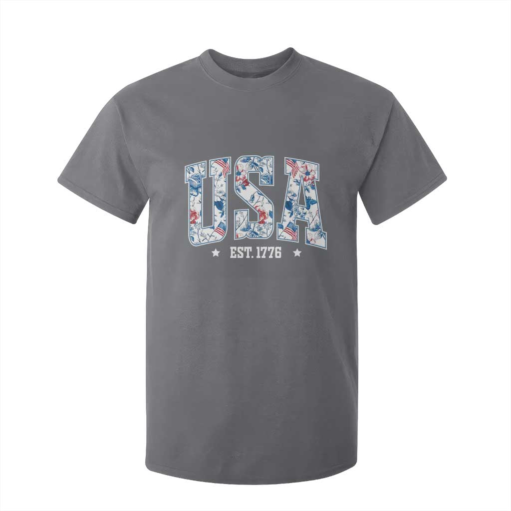 Floral USA T Shirt For Kid Est 1776 Patriotic American Girl 4th of July TS10 Charcoal Print Your Wear