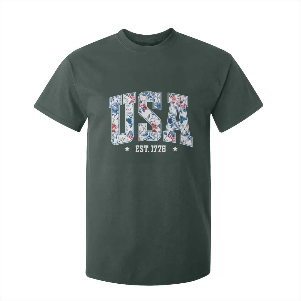 Floral USA T Shirt For Kid Est 1776 Patriotic American Girl 4th of July TS10 Dark Forest Green Print Your Wear