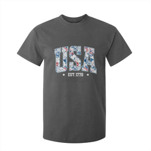 Floral USA T Shirt For Kid Est 1776 Patriotic American Girl 4th of July TS10 Dark Heather Print Your Wear