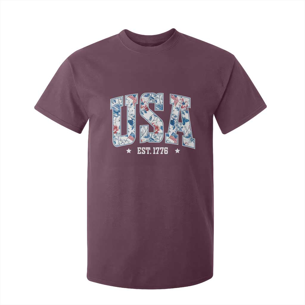 Floral USA T Shirt For Kid Est 1776 Patriotic American Girl 4th of July TS10 Maroon Print Your Wear