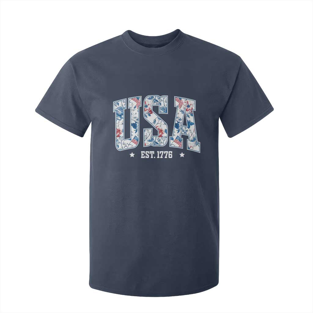 Floral USA T Shirt For Kid Est 1776 Patriotic American Girl 4th of July TS10 Navy Print Your Wear