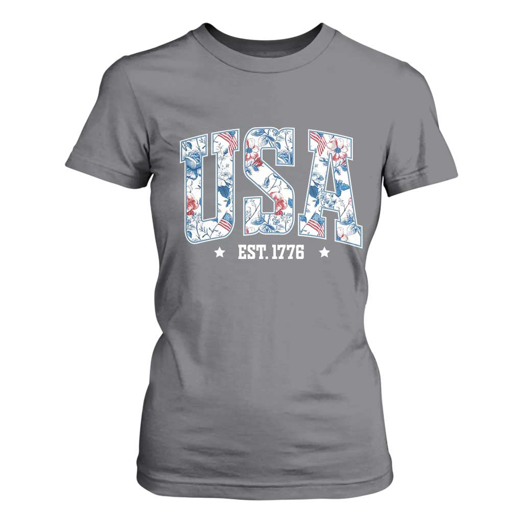 Floral USA T Shirt For Women Est 1776 Patriotic American Girl 4th of July TS10 Charcoal Print Your Wear