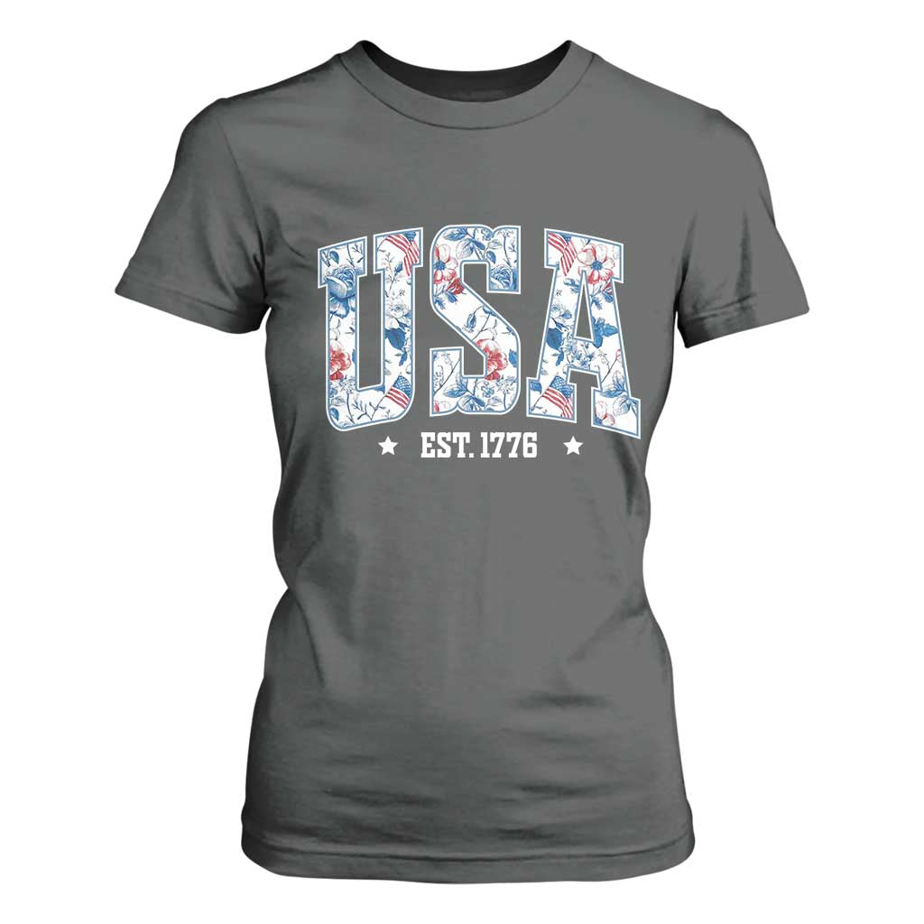 Floral USA T Shirt For Women Est 1776 Patriotic American Girl 4th of July TS10 Dark Heather Print Your Wear