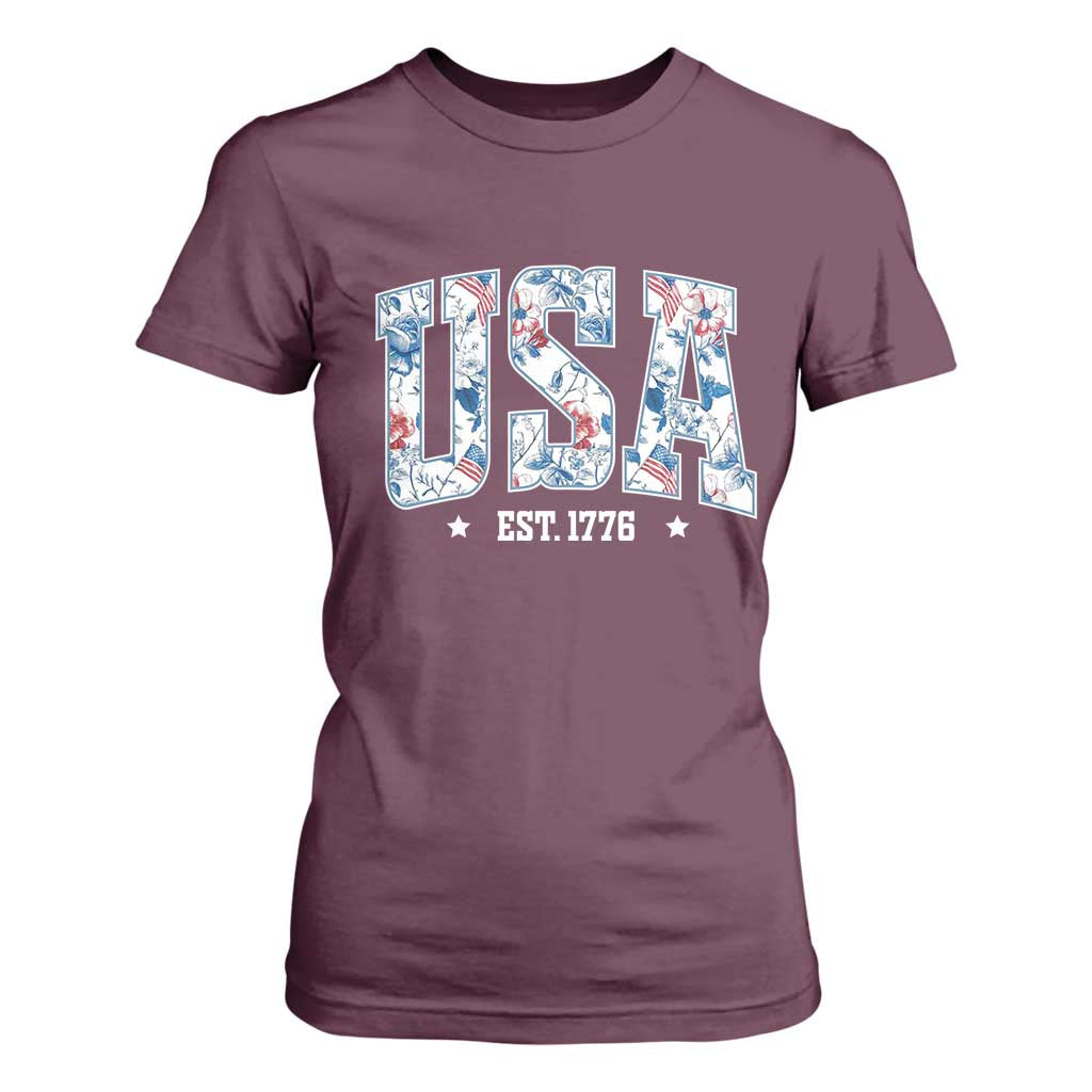 Floral USA T Shirt For Women Est 1776 Patriotic American Girl 4th of July TS10 Maroon Print Your Wear