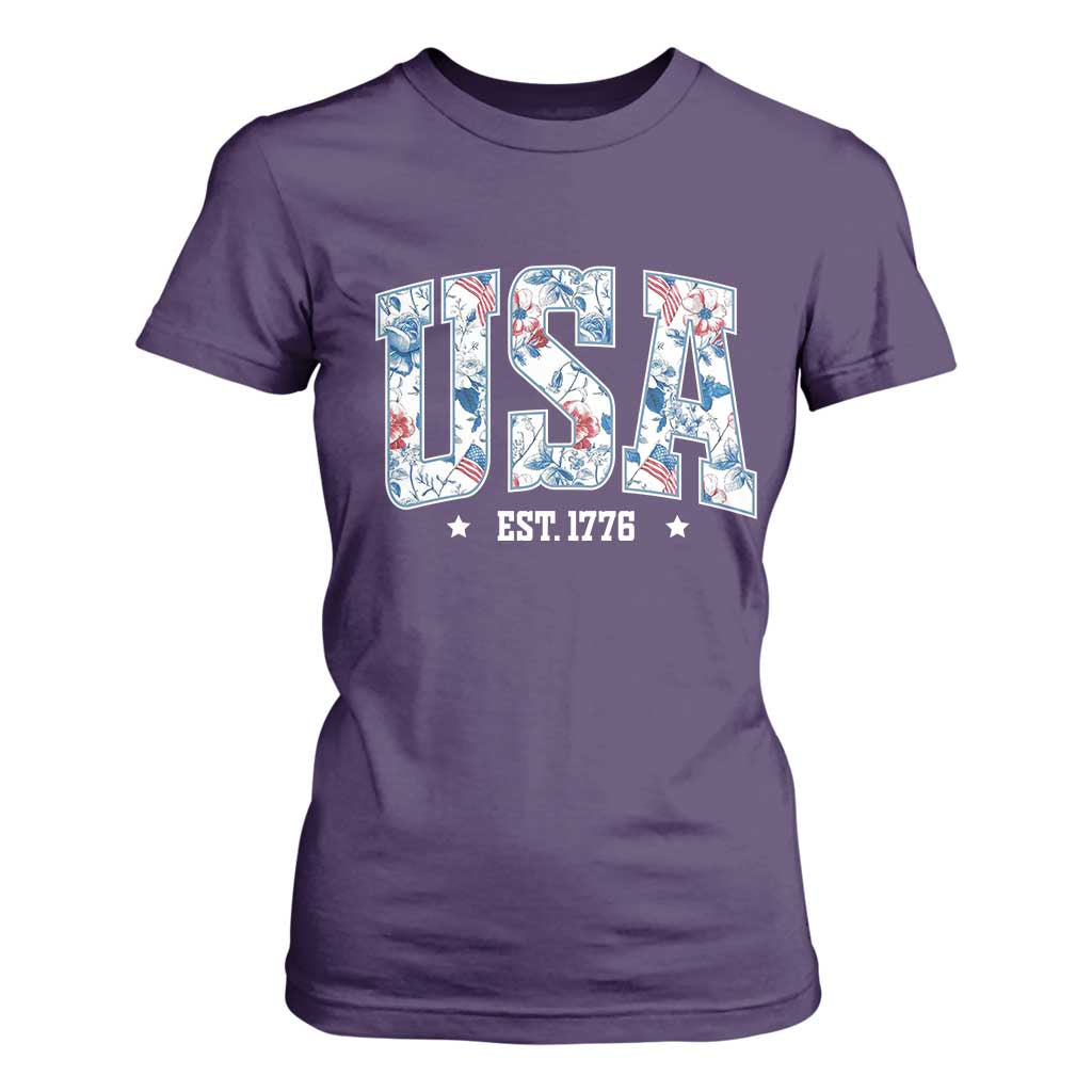 Floral USA T Shirt For Women Est 1776 Patriotic American Girl 4th of July TS10 Purple Print Your Wear