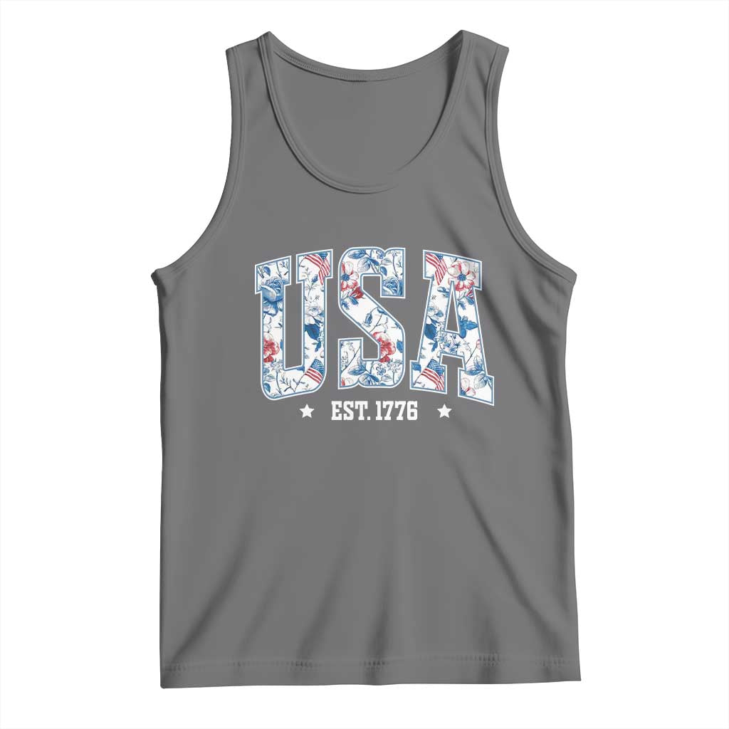 Floral USA Tank Top Est 1776 Patriotic American Girl 4th of July TS10 Black Heather Print Your Wear