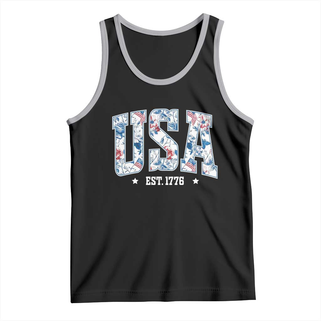 Floral USA Tank Top Est 1776 Patriotic American Girl 4th of July TS10 Black Athletic Heather Print Your Wear