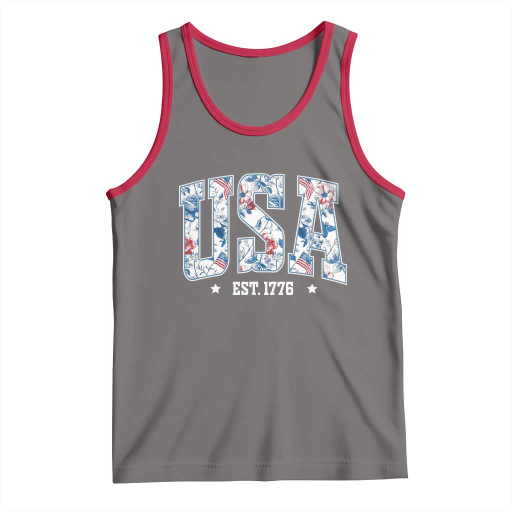 Floral USA Tank Top Est 1776 Patriotic American Girl 4th of July TS10 Deep Heather Red Print Your Wear