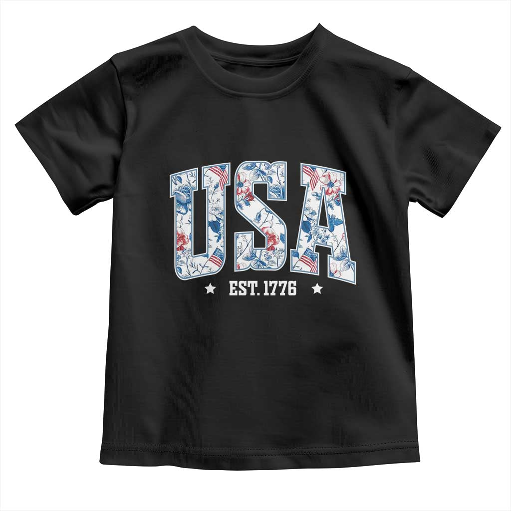 Floral USA Toddler T Shirt Est 1776 Patriotic American Girl 4th of July TS10 Black Print Your Wear
