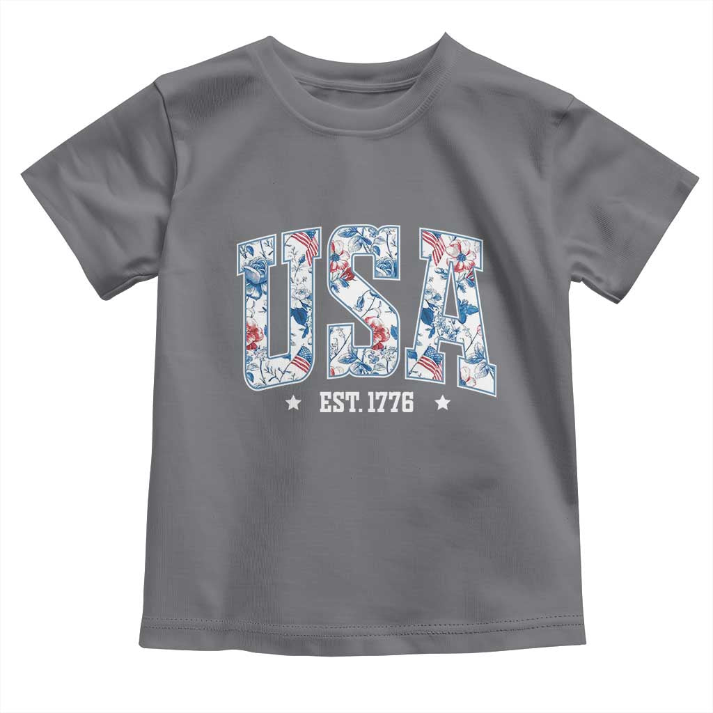 Floral USA Toddler T Shirt Est 1776 Patriotic American Girl 4th of July TS10 Charcoal Print Your Wear