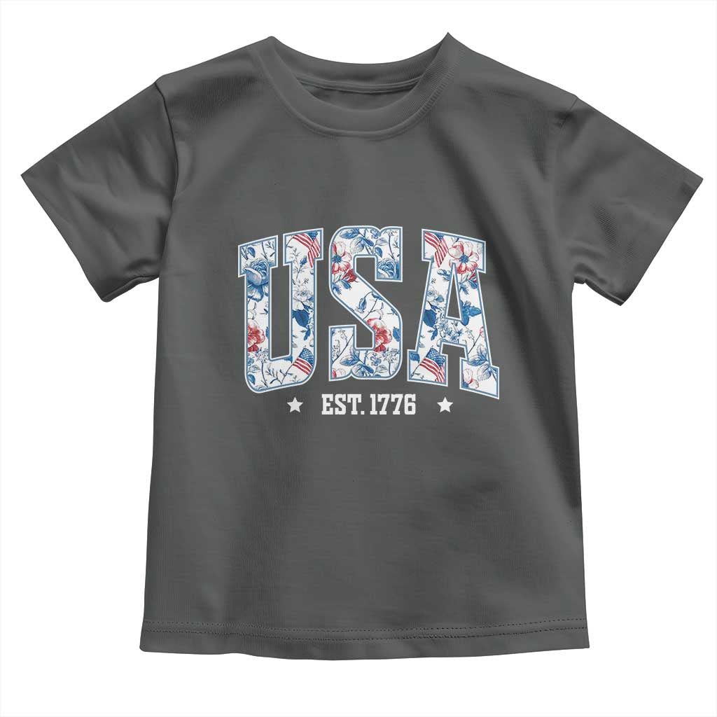 Floral USA Toddler T Shirt Est 1776 Patriotic American Girl 4th of July TS10 Dark Heather Print Your Wear