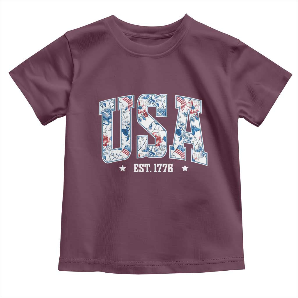 Floral USA Toddler T Shirt Est 1776 Patriotic American Girl 4th of July TS10 Maroon Print Your Wear