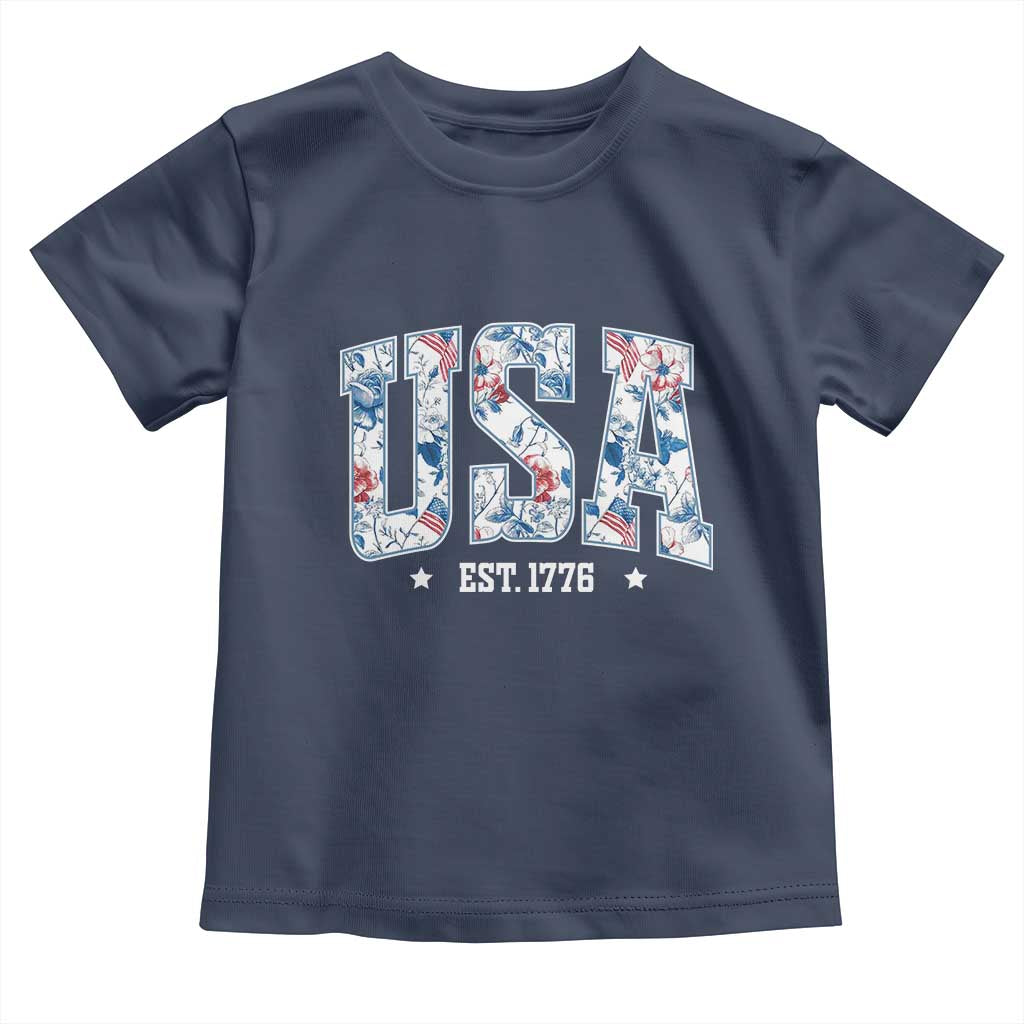 Floral USA Toddler T Shirt Est 1776 Patriotic American Girl 4th of July TS10 Navy Print Your Wear