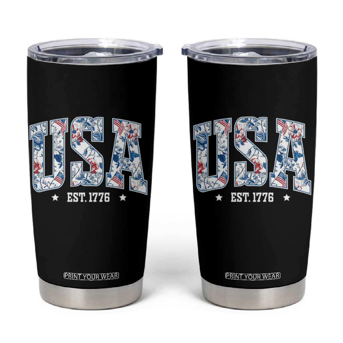 Floral USA Tumbler Cup Est 1776 Patriotic American Girl 4th of July TS10 Black Print Your Wear