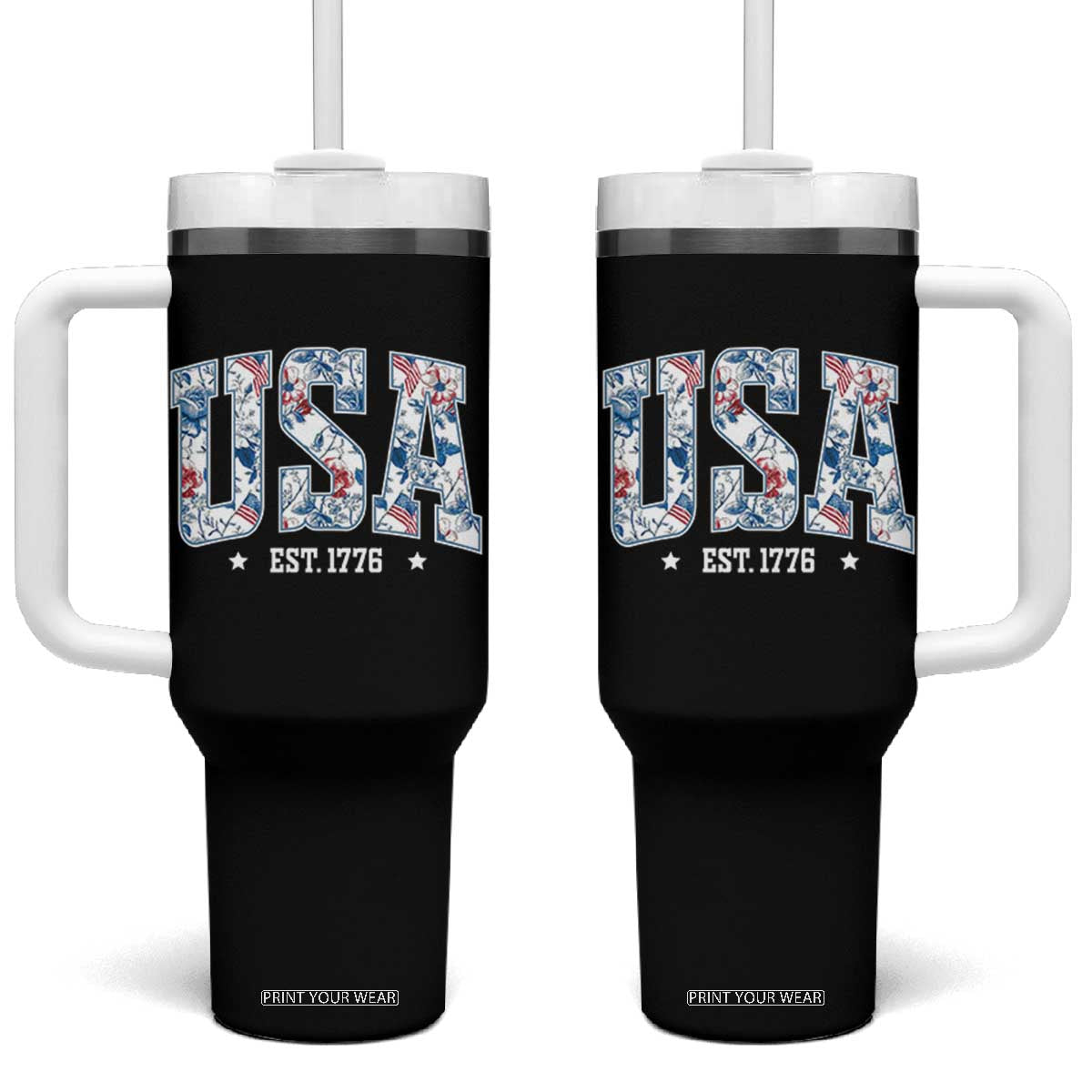 Floral USA Tumbler With Handle Est 1776 Patriotic American Girl 4th of July TS10 One Size: 40 oz Black Print Your Wear