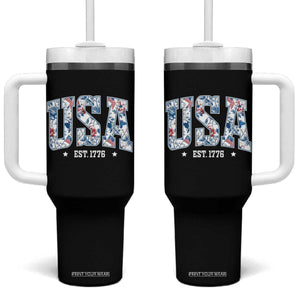 Floral USA Tumbler With Handle Est 1776 Patriotic American Girl 4th of July TS10 One Size: 40 oz Black Print Your Wear
