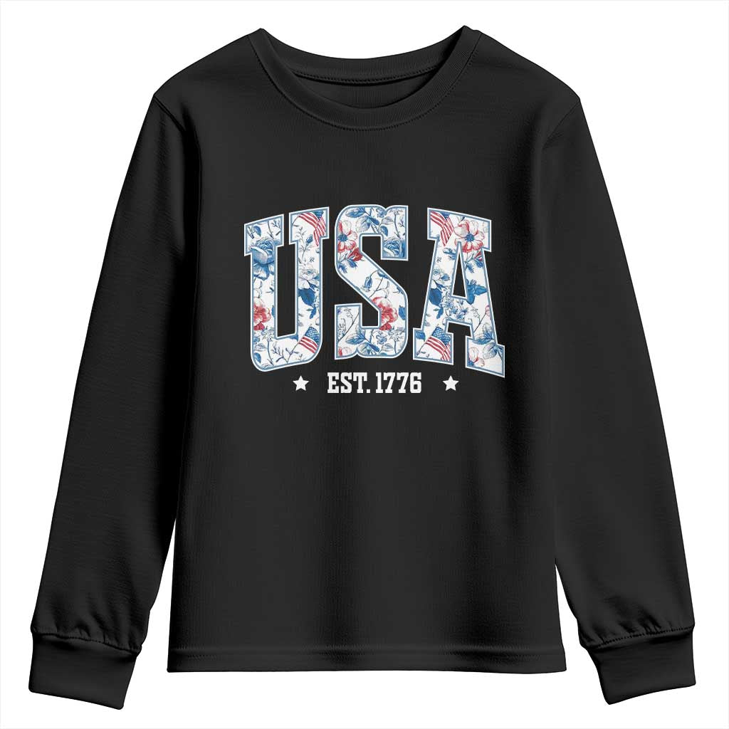 Floral USA Youth Sweatshirt Est 1776 Patriotic American Girl 4th of July TS10 Black Print Your Wear