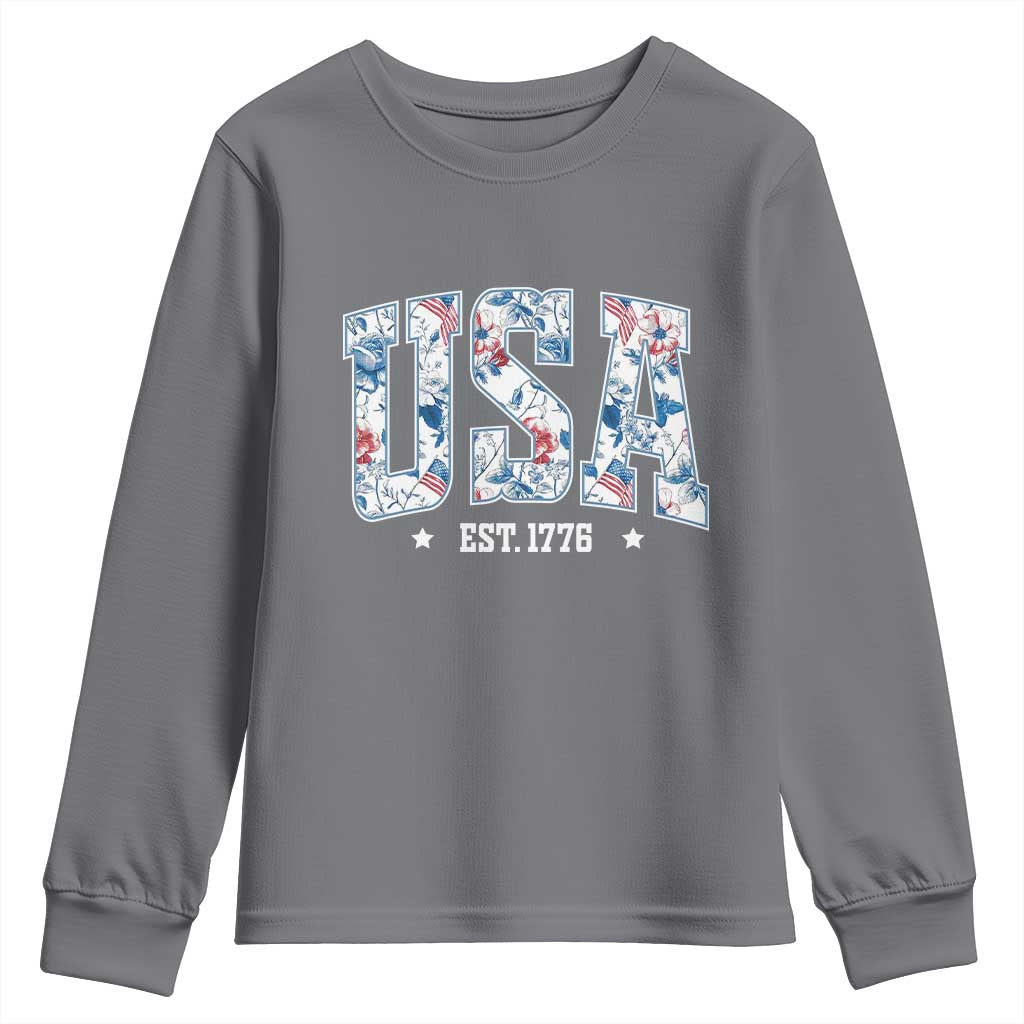 Floral USA Youth Sweatshirt Est 1776 Patriotic American Girl 4th of July TS10 Charcoal Print Your Wear