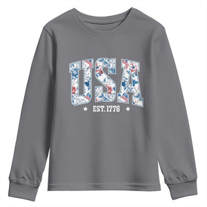 Floral USA Youth Sweatshirt Est 1776 Patriotic American Girl 4th of July TS10 Charcoal Print Your Wear