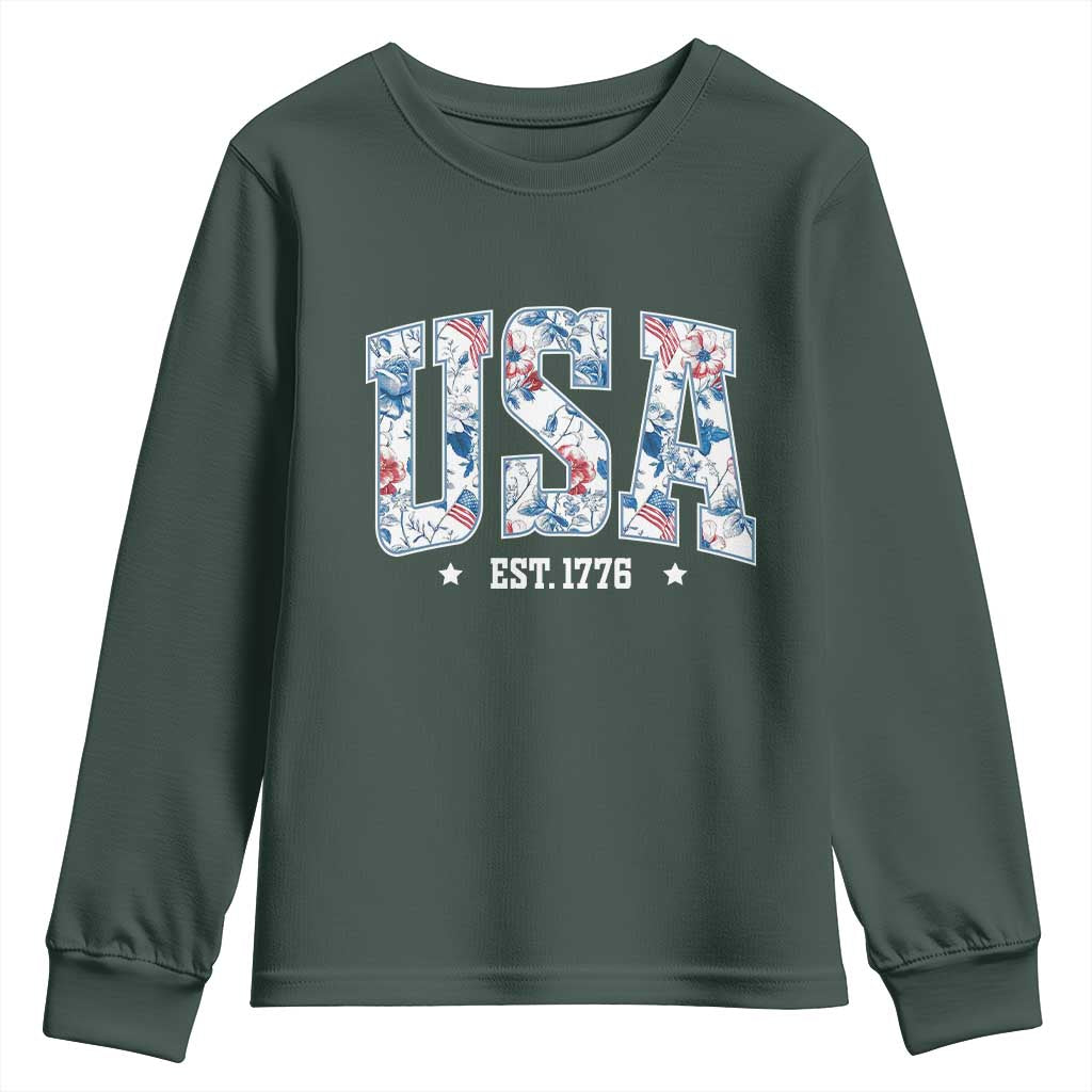 Floral USA Youth Sweatshirt Est 1776 Patriotic American Girl 4th of July TS10 Dark Forest Green Print Your Wear