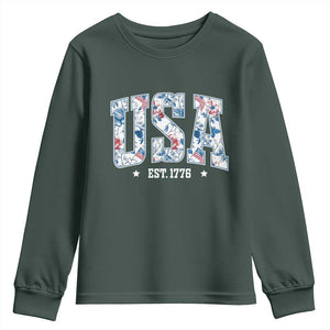 Floral USA Youth Sweatshirt Est 1776 Patriotic American Girl 4th of July TS10 Dark Forest Green Print Your Wear