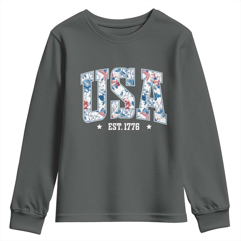 Floral USA Youth Sweatshirt Est 1776 Patriotic American Girl 4th of July TS10 Dark Heather Print Your Wear