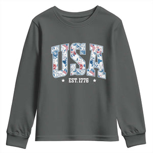Floral USA Youth Sweatshirt Est 1776 Patriotic American Girl 4th of July TS10 Dark Heather Print Your Wear