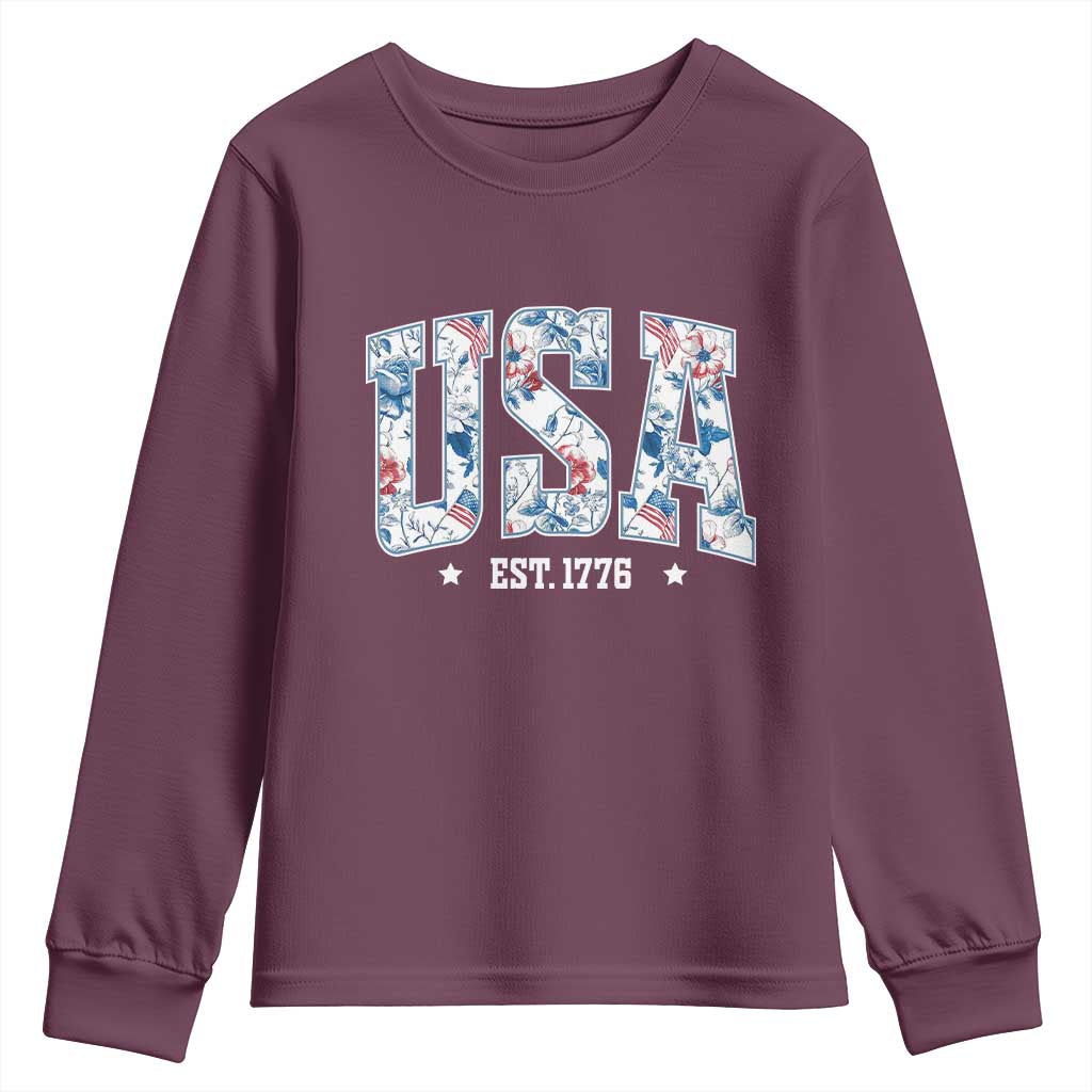 Floral USA Youth Sweatshirt Est 1776 Patriotic American Girl 4th of July TS10 Maroon Print Your Wear