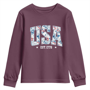 Floral USA Youth Sweatshirt Est 1776 Patriotic American Girl 4th of July TS10 Maroon Print Your Wear