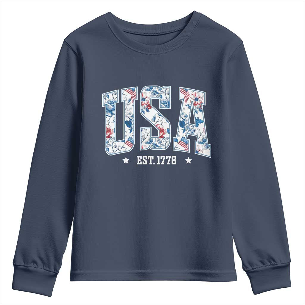 Floral USA Youth Sweatshirt Est 1776 Patriotic American Girl 4th of July TS10 Navy Print Your Wear