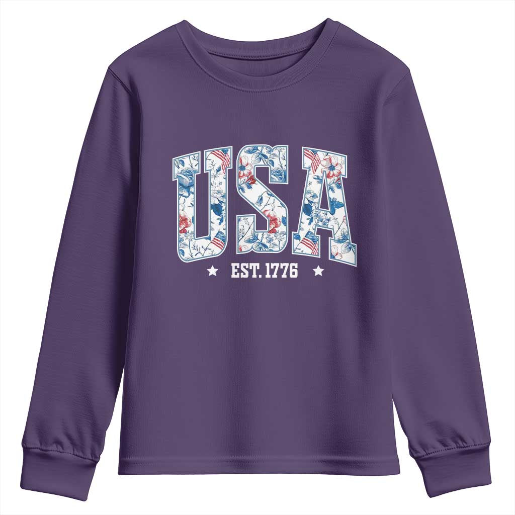 Floral USA Youth Sweatshirt Est 1776 Patriotic American Girl 4th of July TS10 Purple Print Your Wear